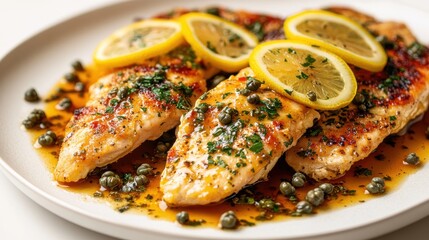 Chicken piccata with lemon slices and capers