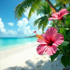 Pink hibiscus blooms, lush palms, white sand beach, relaxation, summer