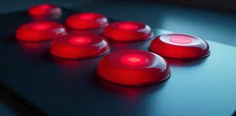 Seven shiny red buttons, reflecting light on surface, technology, element, button