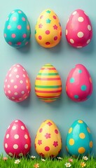 Six colorful cartoon Easter eggs, various designs , spring, clipart, vector
