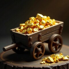 Rustic wooden cart laden with glittering gold nuggets , rustic, landscape, background