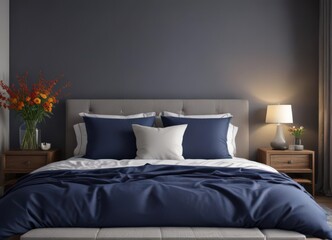 Serene king-size bedroom, navy bedding, flower vase ,  still life,  flowers in vase