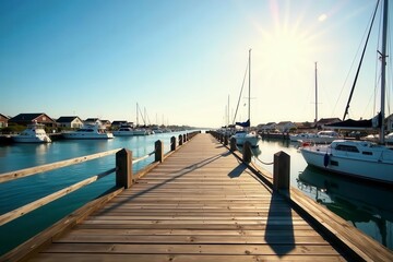 Sun-drenched Rhodes harbor; wooden boardwalk gleams , outdoors, wood planks