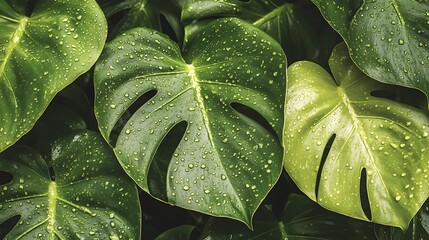 Fototapeta premium Closeup of Lush Green Monstera Leaves with Water Droplets