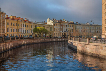 Embankment of the Griboyedov Canal on a sunny summer morning, St. Petersburg, Russia