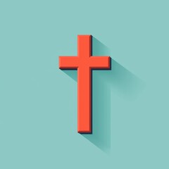 Obraz premium A Simple Orange Cross, with a long shadow on a teal Background