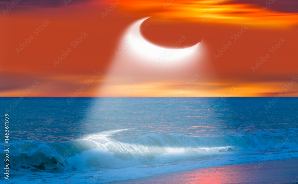 Poster abstract background with crescent in the sea, strong waves in the foreground at night