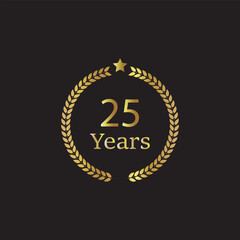 25th years  gold text on black background. 25th years  stylish card. Graphic design element with golden number .vector illustration template design.