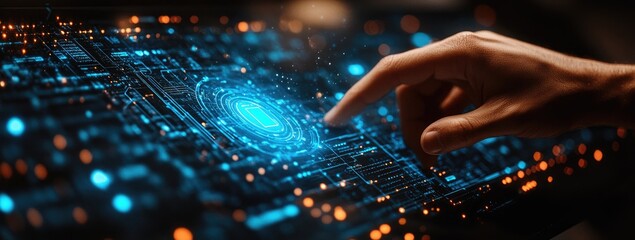 Close-up view of a hand interacting with a futuristic circuit board