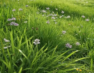 Obraz premium Close-up of flowering plants amidst bright green grass, green, meadow, closeup