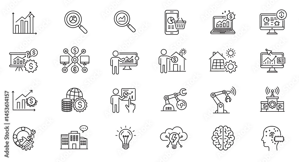 Fototapete a precise grid of ultra-smooth thin line art icons depicting business and technology concepts. each 