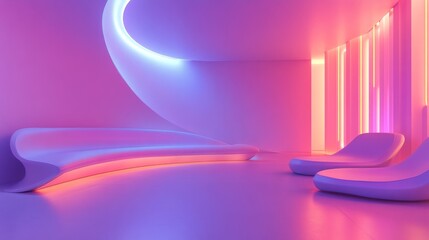 Futuristic room with flowing curved seating design, neon lighting accents, and a vibrant color scheme