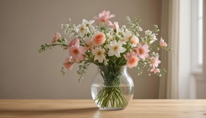 Delicate spring bouquet in glass vase, soft light from nearby lamp casts gentle glow on wooden surface , blossom, interior, home decor
