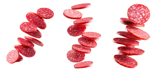 Set of Slices of salami in mid-air isolated on white transparent background, concept of gourmet food and delicacy.