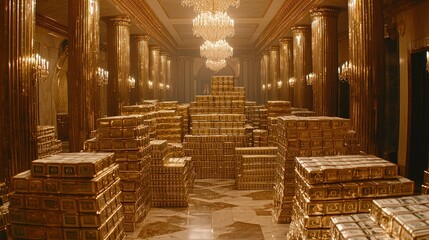 Grand hall filled with gold bullion.  Stacks of golden boxes stretch into the distance
