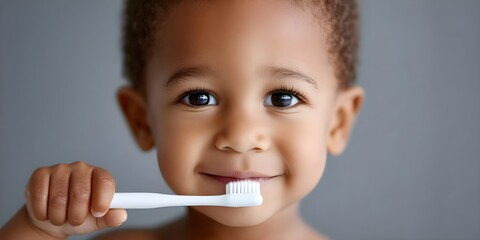 Happy child brushing teeth with a big smile