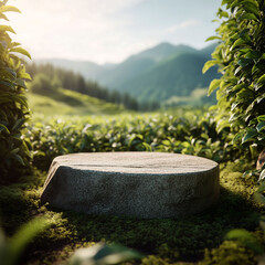 Serene Tea Plantation Landscape with Stone Product Display