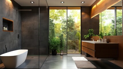 Fototapeta premium Serene Modern Bathroom with Black Stone Walls Large Window and Natural Light Featuring Freestanding White Tub and Wooden Vanity Under Unique Pendant Lighting and Green Plant Accents