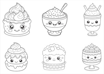 Kawaii Desserts Coloring Book Page Featuring a Variety of Adorable Sweet Treats