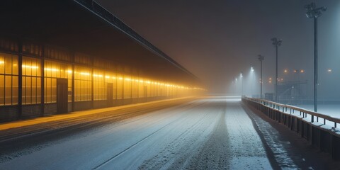 Obraz premium Snowy Urban Scene at Night Featuring Illuminated Building and Street Lights Under a Foggy Sky on a Cold Winter Night in City