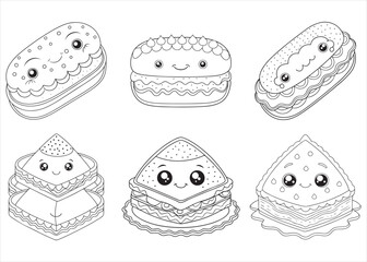 Cute Smiling Sandwich Set With Vegetable Salad And Cheese Line Art Illustration