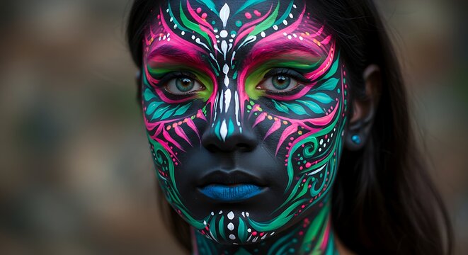 Vibrant Neon Face Paint Art Close-up Portrait of a Woman with Intricate Colorful Design