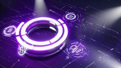 Abstract digital graphic of a circular data visualization interface, spotlights, and technical background. Potential use stock photo - Powered by Adobe