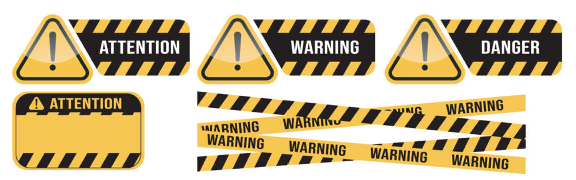 Warning vector signs. Attention sign, warning sign, caution sign, danger sign. Exclamation mark. Yellow warning caution sign text space area message box sticker label object goods commodity