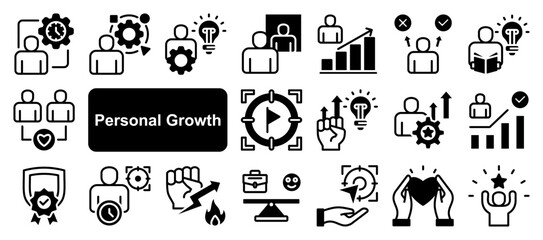 Personal growth icon collection set. Containing development, improvement, progress, learning, evolve, transformation icon. Simple glyph vector.	