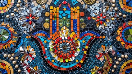 Fototapeta premium Hamsa hand recycled material mosaic abstract design pattern artwork
