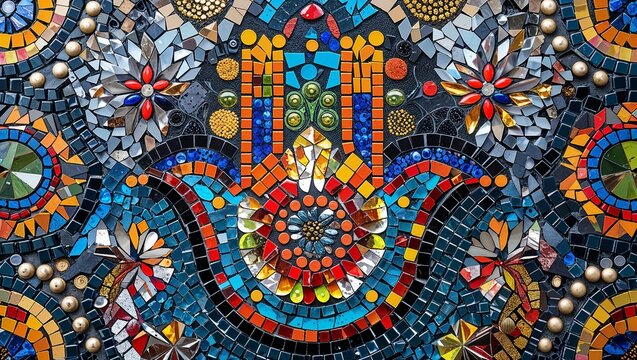 Hamsa hand recycled material mosaic abstract design pattern artwork