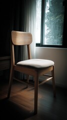 Minimalist Wooden Chair by Window with Soft Cushion, Inviting Solitude and Internal Strength

