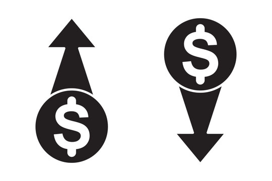 Money increase or decrease icon set. dollar decrease increase symbol. profit and lose signs. 