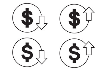 Money increase or decrease icon set. dollar decrease increase symbol. profit and lose signs. 
