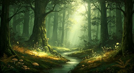 Obraz premium Enchanted Forest Mystical Stream, Sunlight Through Trees, Digital Painting