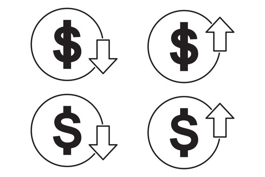 Money increase or decrease icon set. dollar decrease increase symbol. profit and lose signs. 
