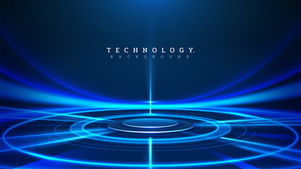 Empty neon glowing podium on futuristic blue light background, stage technology design idea for promotion or presentation. © witsanu