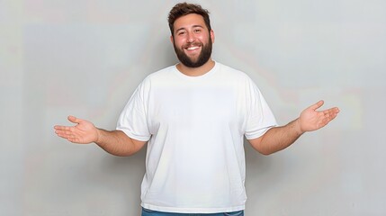 A joyful young Hispanic man in a white t-shirt smiles confidently in a studio, embracing positive body image with pride.
