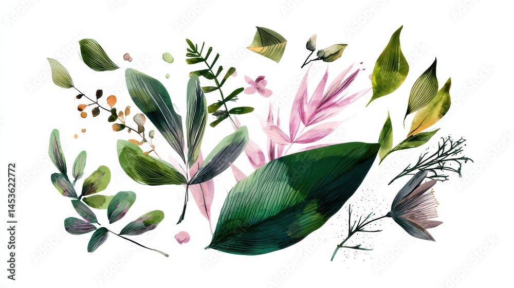 Aufkleber botanical illustration featuring various leaves and plants in vibrant colors on a white background g
