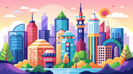 Fototapeta premium colourful minimalist painting of the city skyline cartoon landscape background banner illustration in a cute and simple style Very beautiful