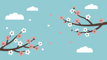 Stylized Cherry Blossom Branches with Pink and White Flowers Against a Blue Sky