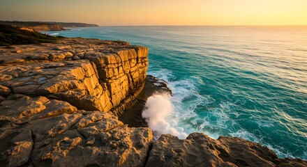Obraz premium Golden Hour Coastal Cliffs Dramatic Ocean Waves Crashing Against Rugged Rocks at Sunset