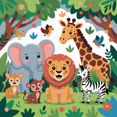 A cheerful and colorful cartoon jungle scene featuring friendly animals like a lion, elephant, giraffe, zebra, monkey, deer, and birds surrounded by lush greenery and trees. The text reads 