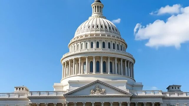 The United States Capitol dome against a clearing blue sky viewed from the east front of the U.S. Capitol building in Washington, DC.  Generated with AI
