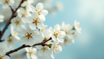 Delicate white blossoms on a bright spring background, white background, bright