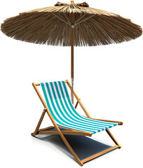 Inviting beach scene showcases a turquoise striped deckchair under a woven straw umbrella on black.