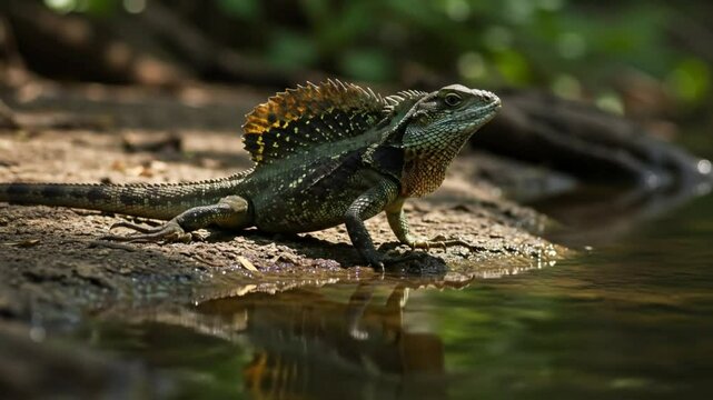 Philippine Sailfin Lizard Hydrosaurus Pustulatus in Water Reflection