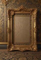 Ornate gilded frames highlight a damask textile with intricate floral patterns, displayed on a damask floor ,  floor,  textile,  close up