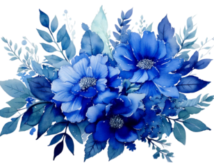  Indigo blue flower and leaf decoration with water color texture.