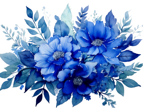  Indigo blue flower and leaf decoration with water color texture.